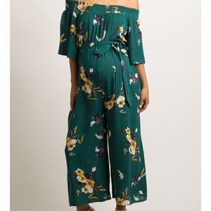 Green Off Shoulder Wide Leg Maternity Jumpsuit